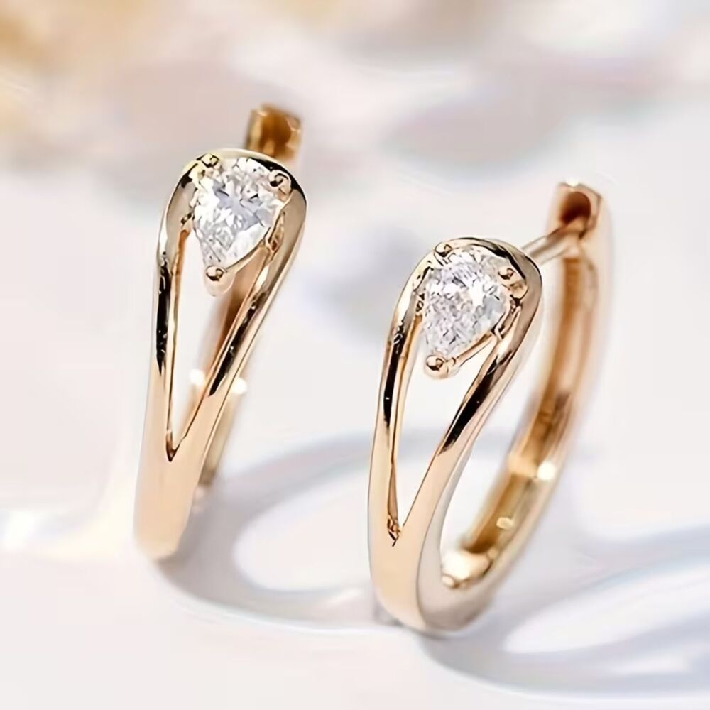 Clear Zirconia Crystal Gold Hoop Earrings Teardrop Gemston Secure Hinge Lghtwght